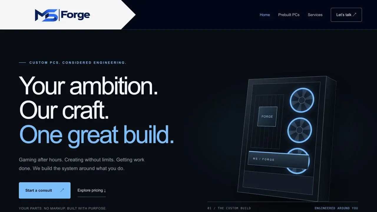 MS Forge homepage showing custom PC building services and a blue-lit PC illustration