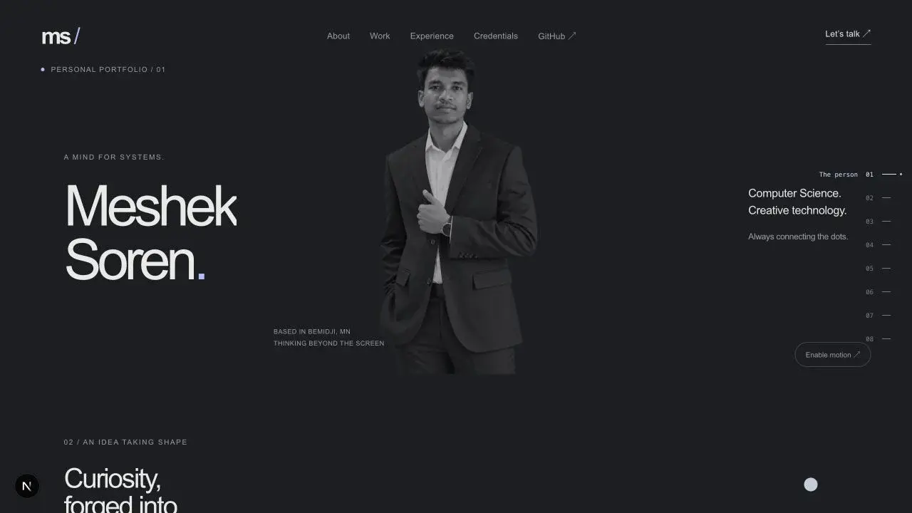Actual portfolio homepage in its still presentation, with Meshek’s portrait and name